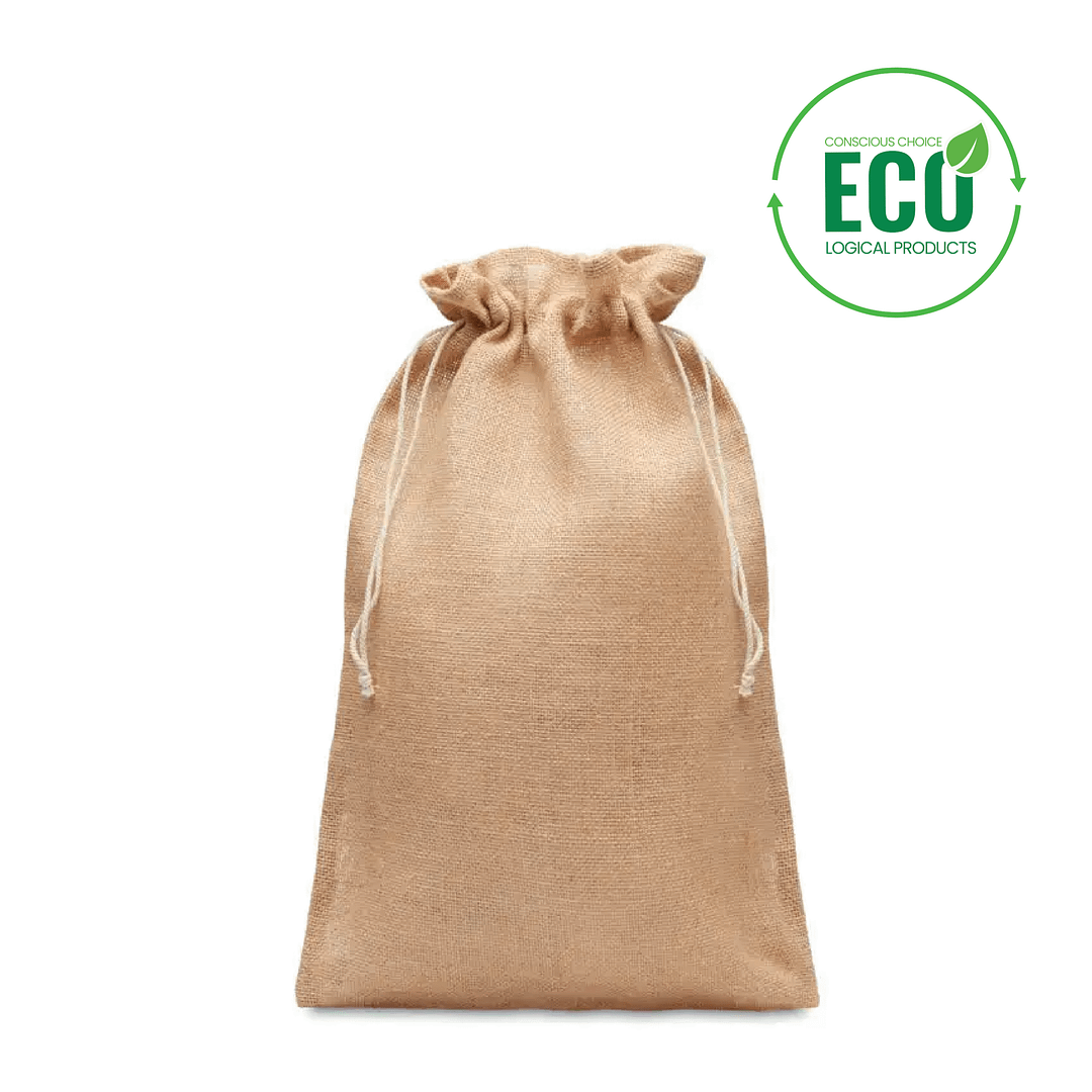 JUTE SMALL Jute draw cord bag Small jute gift bag 14 x 22 cm with logo  |Magnus Business Gifts