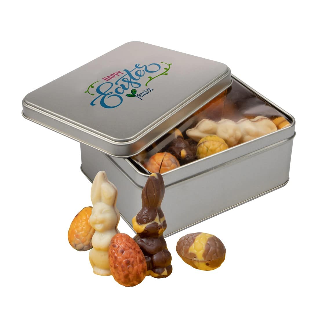 Rectangle tin Easter chocolate with logo