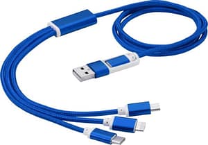 Charging cable with logo Versatile Charging cable with logo, 5-in-1 made out of braided nylon with 5 different connectors: Type C input, USB A input, type C output, Apple® iOS output and micro USB output. Highly suitable for Type C output devices used in the newer generation of phones and Mac Book computers. Cable length of 100 cm. 2-in-1 end with output up to 2A. Type C output up to 3A current. Coated with copper, aluminium and polyester Including laser engraving on panel, max. 25 x 7 mm. VAT Recupel 5.5.1 Available color: Royal Blue, Silver, Solid Black Depending on the surface we can use embroidery, engraving, 360° imprint or screen print.
