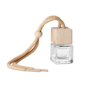 Gadget with logo FRESH CAR AIR. Refillable car air freshener with logo. Capacity 5 ml. New car fragrance diffuser with essential oils. Glass container with beech wood lid. Depending on the surface we can use embroidery, engraving, 360° imprint or screenprint.