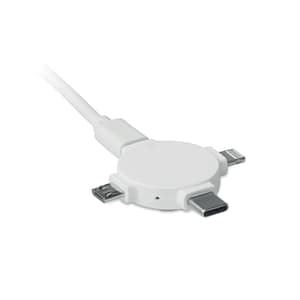 Charging cable with logo LIGO CABLE Charging cable with logo, 3-in-1 with 3 different connectors, micro-USB, type-c and double sided connector. Suitable for iOS and Android devices. Ideal for full color personalization. Available color: White Dimensions: Ø4,4X0,7 CM Height: 0.7 cm Diameter: 4.4 cm Volume: 0.149 cdm3 Gross Weight: 0.043 kg Net Weight: 0.031 kg Depending on the surface we can use embroidery, engraving, 360° imprint or screen print.