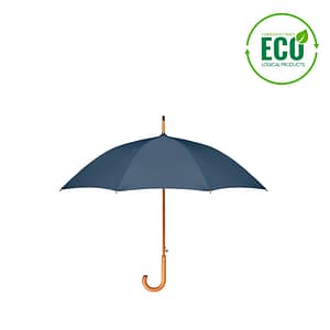 Gadget with logo umbrella CUMULI RPET Gadget with logo 23 inch auto open umbrella in 190T RPET pongee with wooden shaft, tips and top. Black plated metal ribs. Curved natural finish wooden handle. Manual closure. Available colors: Blue, Black, Grey Dimensions: Ø104X89 CM Height: 89 cm Diameter: 104 cm Volume: 1.764 cdm3 Gross Weight: 0.433 kg Net Weight: 0.375 kg Depending on the surface we can use embroidery, engraving, 360° imprint or screen print.