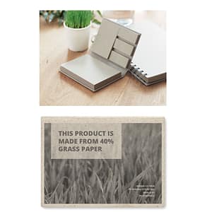 Sticky notes with logo GRASS STICKY 3 piece grass paper sticky notes with logo memo pad. Large and medium sticky notes pads and 3 page markers. 70 grass paper sheets (95 gsm). Grass paper containing 40% grass fibers. Depending on the surface we can use embroidery, engraving, 360° imprint or screen print.