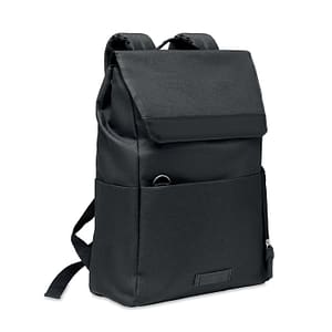 Laptop bag with logo DAEGU Laptop bag with logo, 15 inch in 600D 2 tone RPET with magnetic snap button. Padded laptop compartment, front zippered pockets and 2 side pockets. Made from recycled PET plastic. Available color: Black Dimensions: 31X15X44CM Width: 15 cm Length: 31 cm Height: 44 cm Volume: 4.65 cdm3 Gross Weight: 0.477 kg Net Weight: 0.422 kg Depending on the surface we can use embroidery, engraving, 360° imprint or screen print.