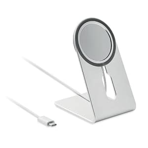 Charging cable with logo MELIS charging cable with logo, magnetic aluminium portable 15W wireless charger with phone stand. Including additional magnetic metal ring to support charging of other non-magnetic wireless chargeable phones. Output: 9V/1.67A (15W) for quick charging. Compatible with latest Androids, iPhone® 12 and newer. Available color: Matt Silver Dimensions: 7,5X8,5X11,7 CM Width: 8.5 cm Length: 7.5 cm Height: 11.7 cm Volume: 1.3 cdm3 Gross Weight: 0.215 kg Net Weight: 0.145 kg Depending on the surface we can use embroidery, engraving, 360° imprint or screen print.