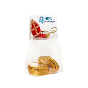 Chocolate with logo Coins Chocolate coins in block bag with a personalized header card. Ca. 50 gr chocolate coins. The shelf life of the chocolate coins is 12 months after delivery. Available color: Transparent Magnus Business Gifts is your partner for merchandising, gadgets or unique business gifts since 1967. Certified with Ecovadis gold!
