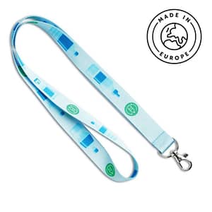 RPET sublimation lanyard Made in the EU: fine recycled polyester (RPET) lanyard with a metal carabiner. The ca. 90cm ribbons are printed with a full colour sublimation for all unique designs and photographic images; printed on one or two sides. The lanyard is cut to size after printing and the positioning of the logo on the reverse of the item may be different per lanyard. It is therefore recommended to use repeated, non-positioned designs for the reverse side. Magnus Business Gifts is your partner for merchandising, gadgets or unique business gifts since 1967. Certified with Ecovadis gold!