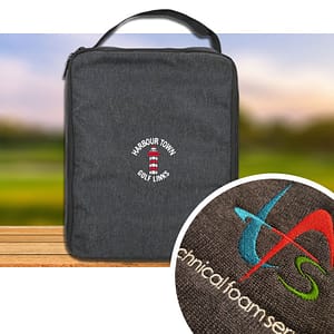 Golf Shoe Bag with logo Take your golf game to the next level with our premium custom golf shoe bag, designed to keep your shoes protected, organized, and stylish both on and off the course. Our golf shoe bag is thoughtfully crafted with golfers in mind. Featuring ventilation panels on both sides, it ensures optimal airflow to keep your shoes fresh and odor-free, even after a long day on the course. The double zipper closure provides easy access to your shoes, while the sturdy handle makes it convenient to carry. But what truly sets our golf shoe bag apart is the option for customization. With your logo beautifully embroidered on the front, you can showcase your brand with pride every time you hit the links. Made from high-quality materials, our golf shoe bags are built to last. REQUEST A FREE QUOTE The easiest way to kick off your design process is to request a quote. In your request, you can share your idea, your deadline, and send us images of your character. MOQ required. Magnus Business Gifts is your partner for merchandising, gadgets or unique business gifts since 1967. Certified with Ecovadis gold!