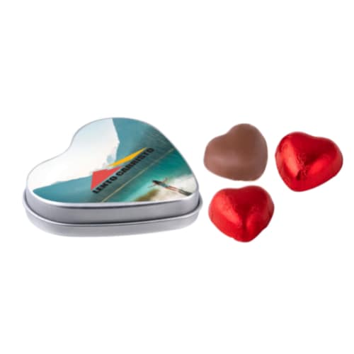 Chocolate with logo in heart shaped tin