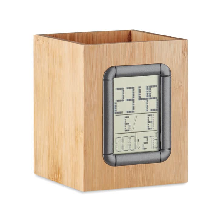 MANILA Bamboo penholder and LCD clock with logo |Magnus Business Gifts